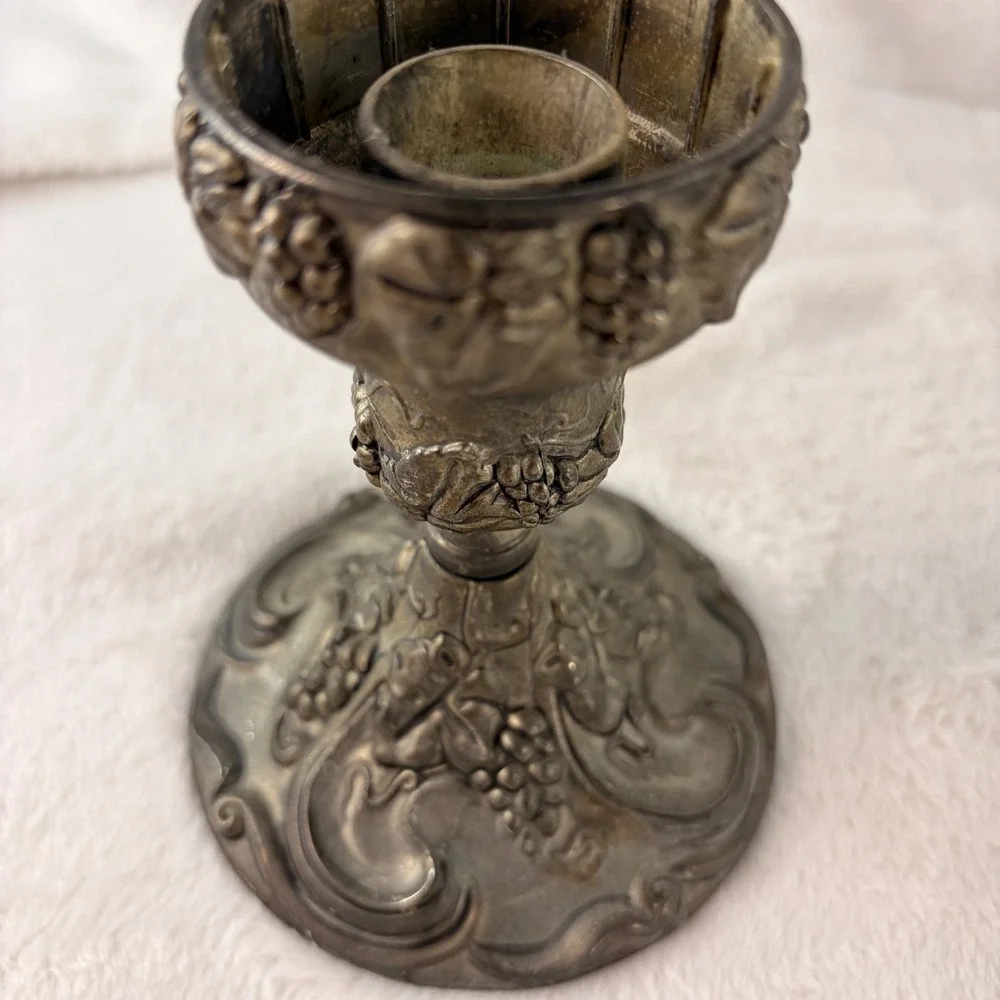 Vtg 70s Ornate Hurricane Candle Holder Pewter Silver Tone Grapevine Base Patina